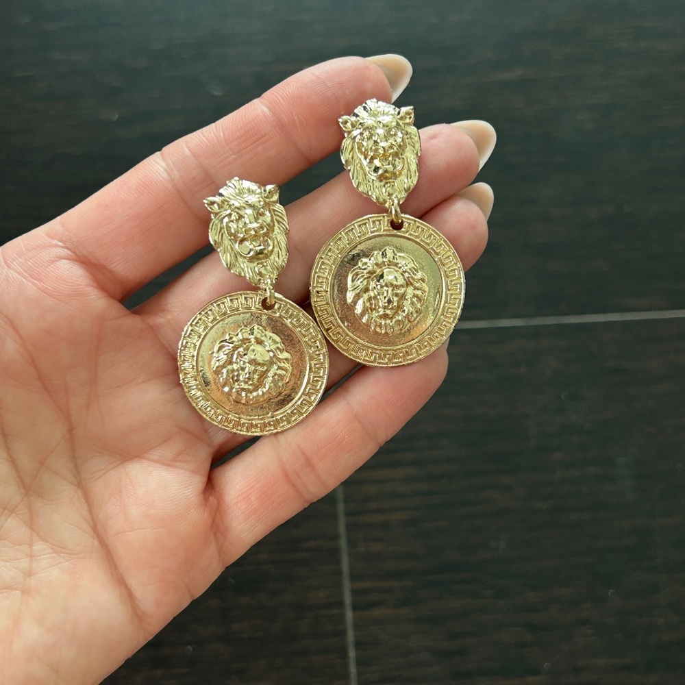 Gold Lion Medallion Drop Earrings - Women Jewelry
